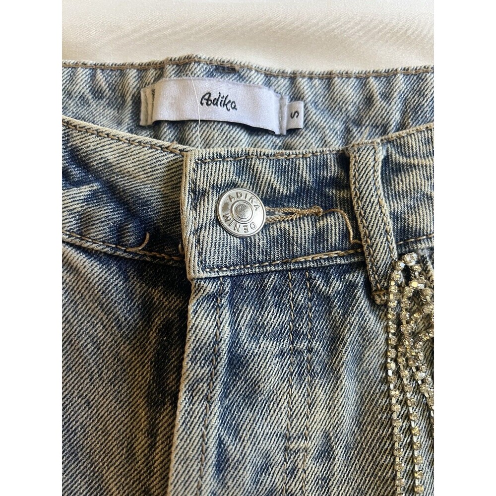 Adika Rhinestone Fringe Denim Shorts Sz S Distressed Festival Disco Cowgirl 27 - Picture 2 of 7